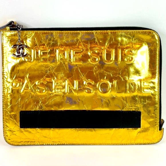 CHANEL Limited edition Je Ne Suis Pas En Solde Quilt Black Gold large clutch - Picture 1 of 7